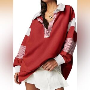 Women's Red and White Long Sleeve Top